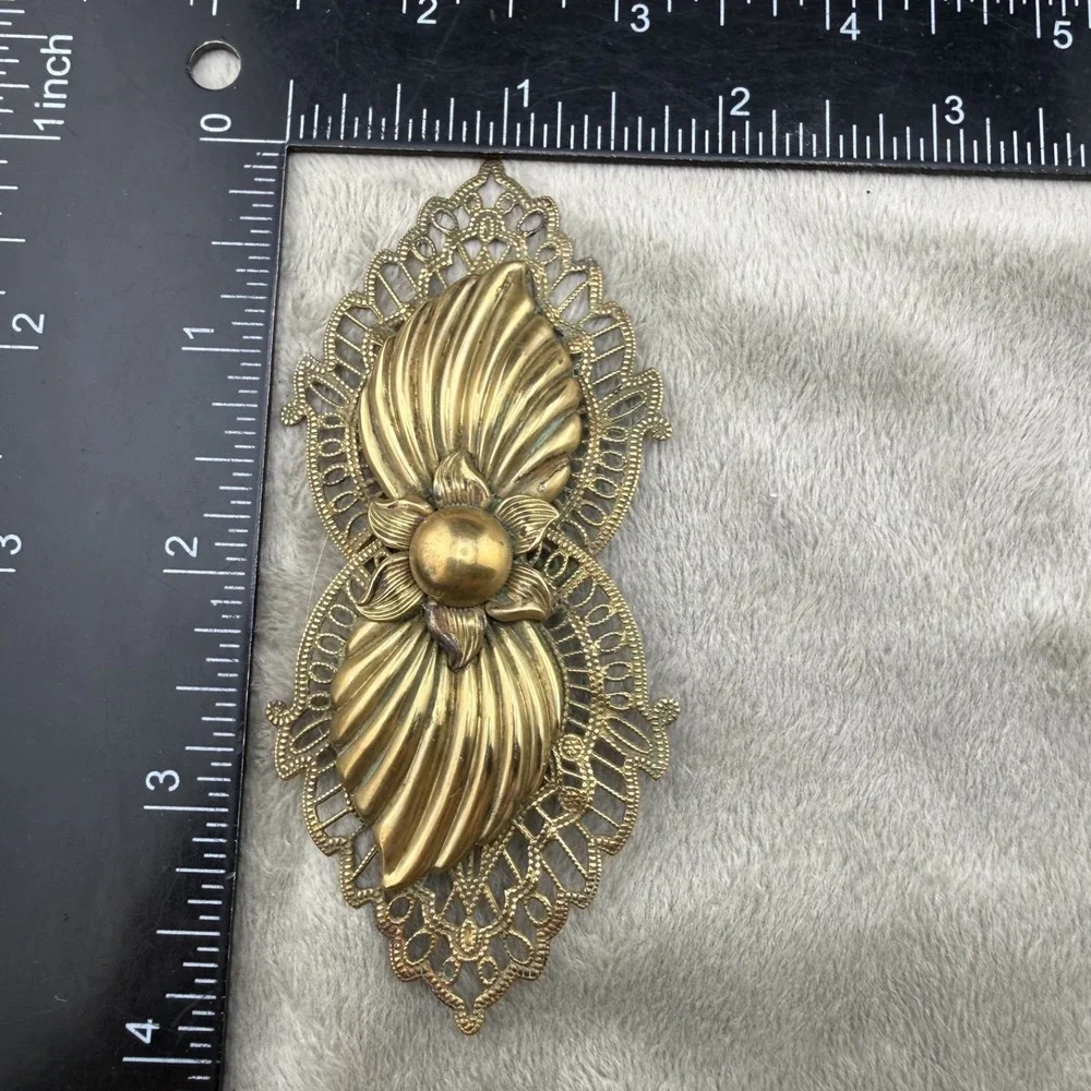 Vintage Estate Brooch Gold Tone Art Deco Flower Bow Filigree Pin 3.5in